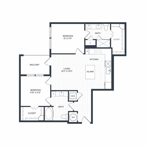 Floor plan for 2 beds, 2 baths, 1067 sqft